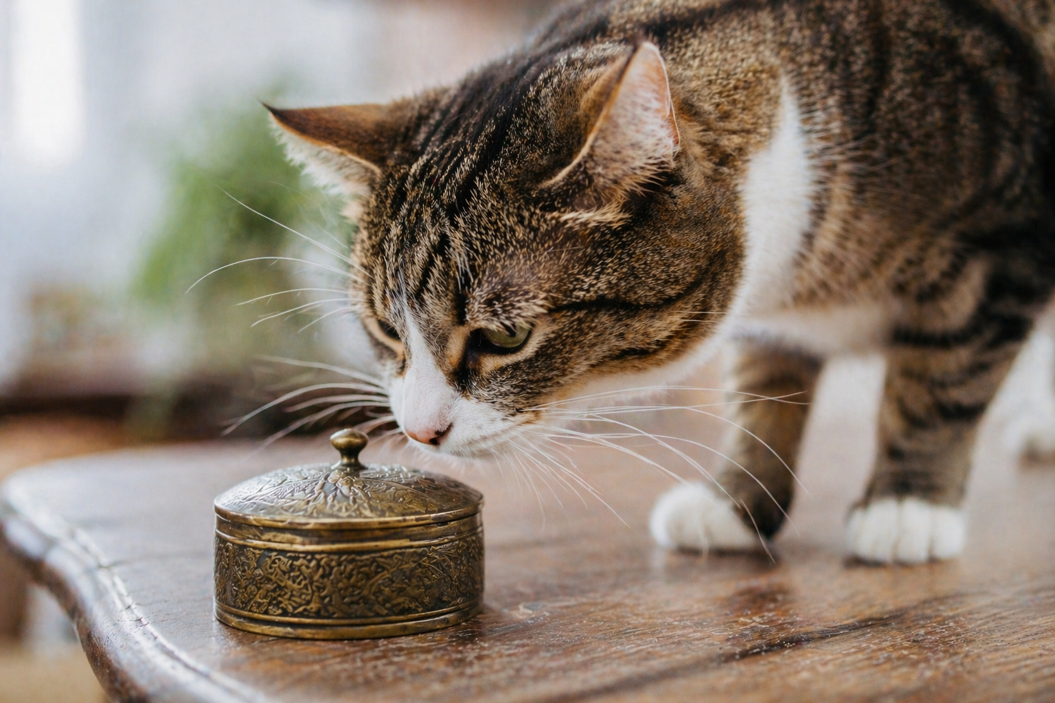 Gatto domestico che annusa un piccolo oggetto su un tavolo usando i baffi per esplorare l’ambiente circostante