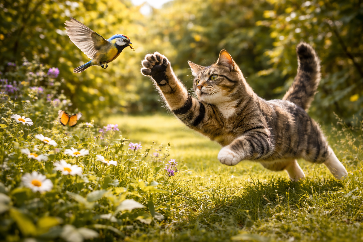 Gatto domestico che cerca di acchiappare un uccellino in un giardino fiorito illuminato dal sole