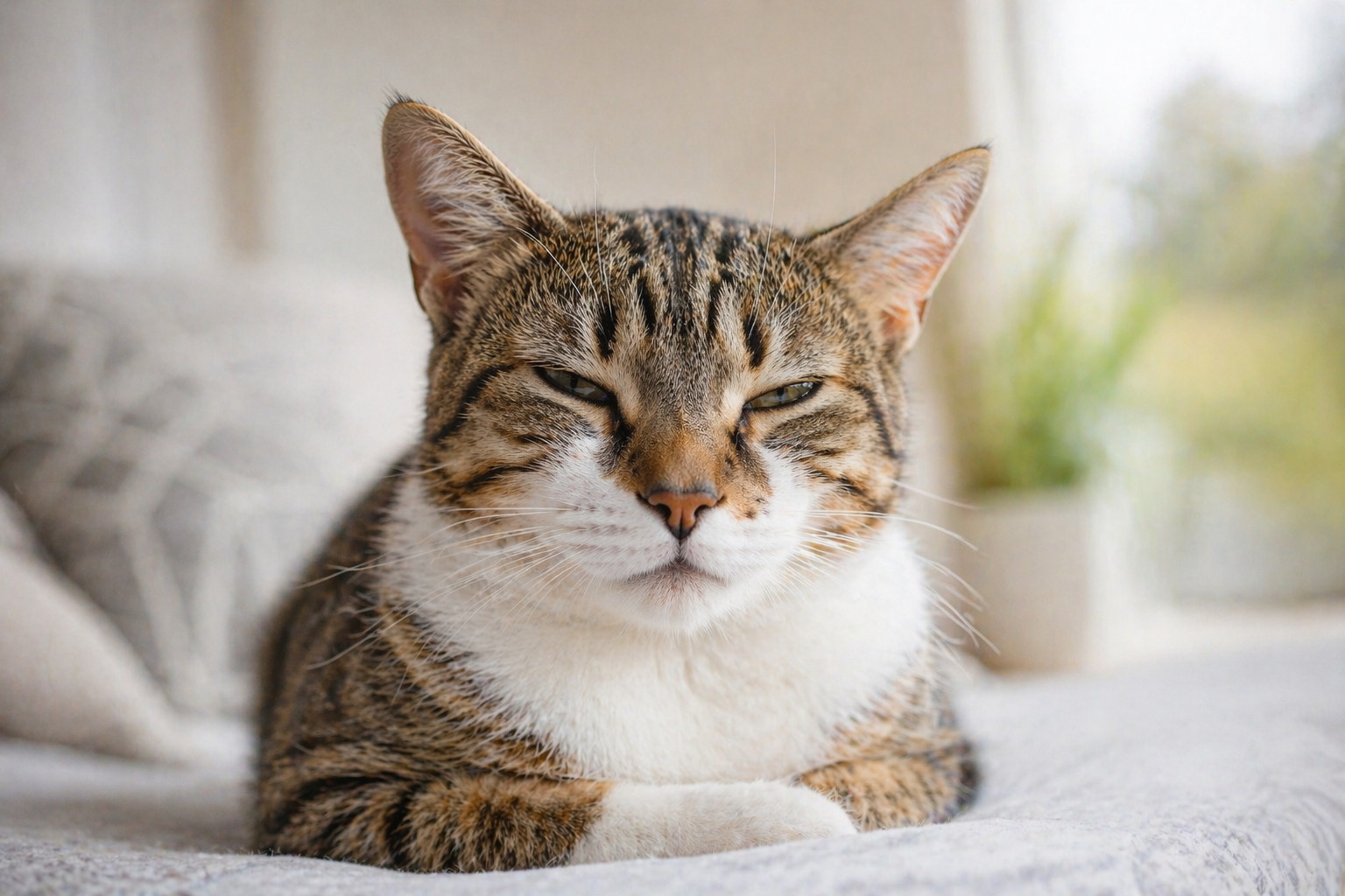Gatto domestico che guarda in camera con occhi socchiusi, espressione calma e rilassata in un ambiente luminoso e accogliente