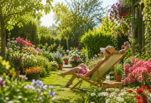 Giardino estivo rigoglioso con fiori colorati e piante verdi, persona rilassata su una sdraio al sole