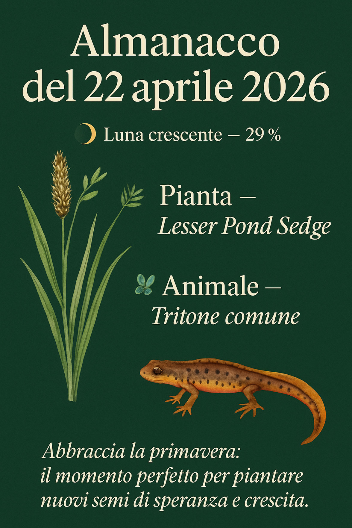 Infografica Almanacco del 22 aprile 2026 — Lesser Pond Sedge e Tritone comune