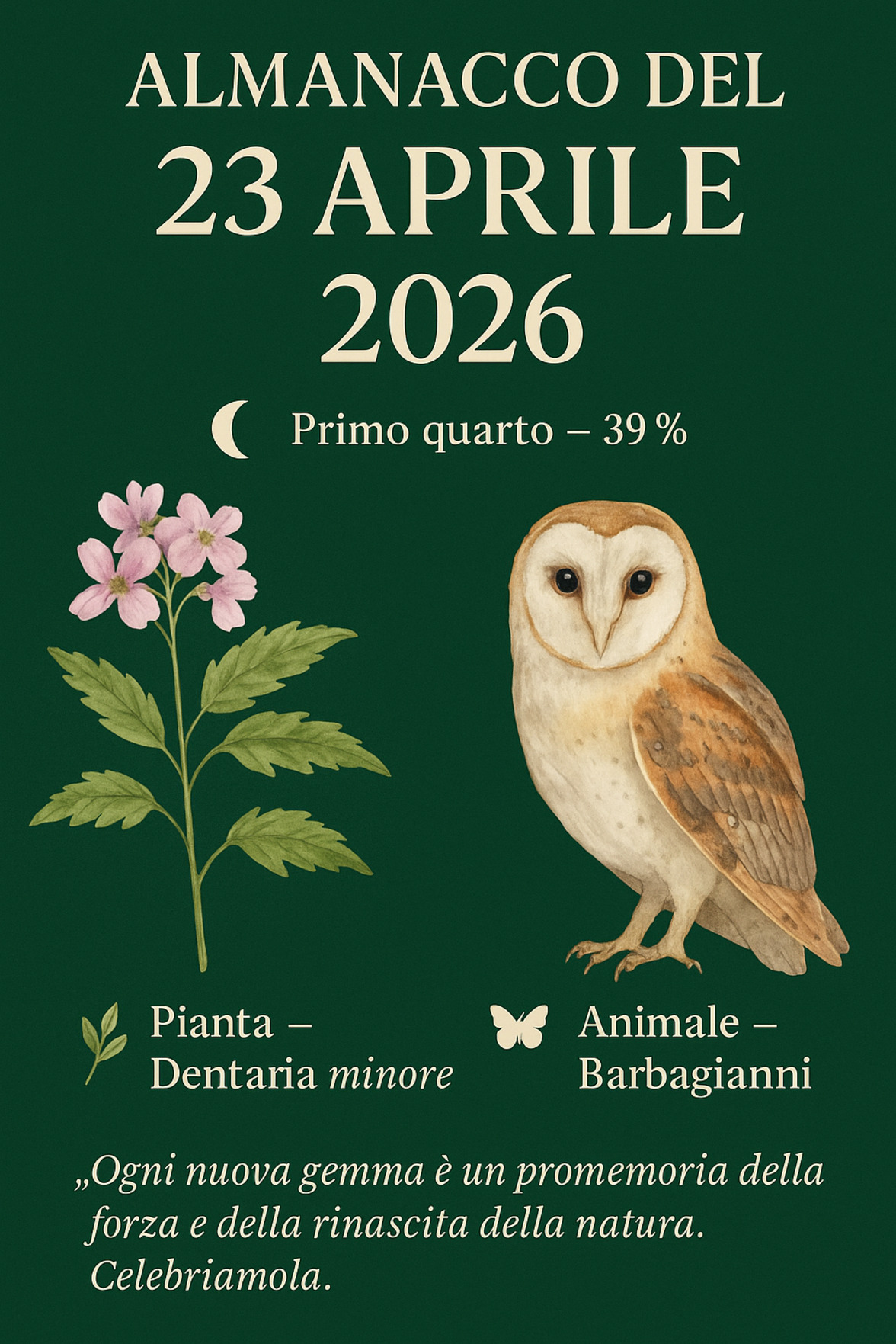 Infografica Almanacco del 23 aprile 2026 — Dentaria minore e Barbagianni