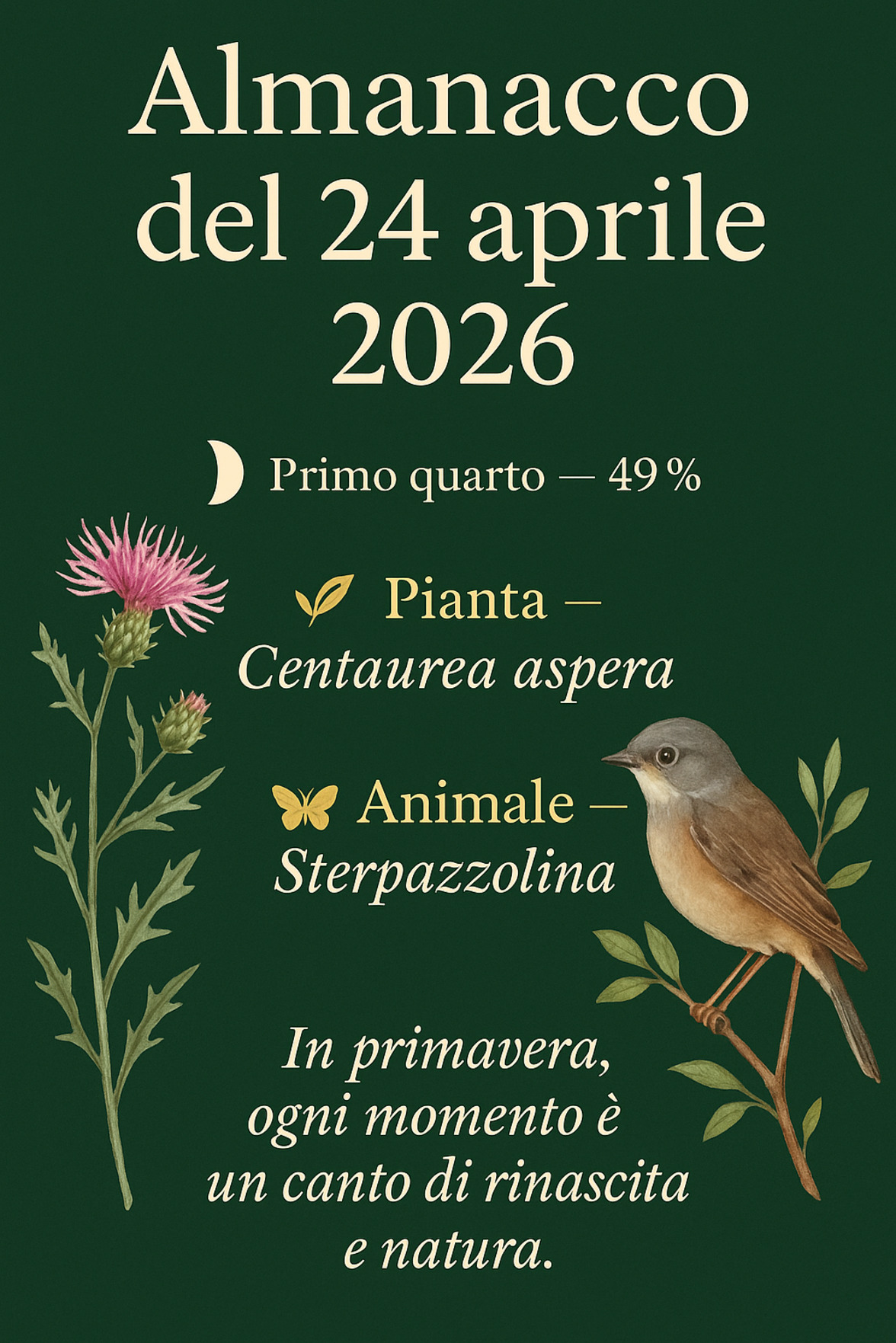Infografica Almanacco del 24 aprile 2026 — Centaurea aspera e Sterpazzolina