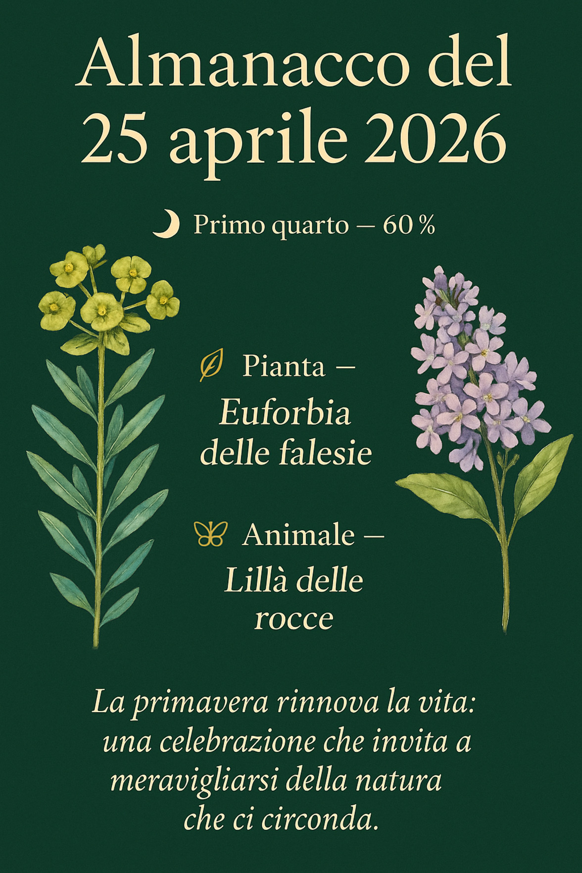 Infografica Almanacco del 25 aprile 2026 — Euforbia delle falesie e Lillà delle rocce