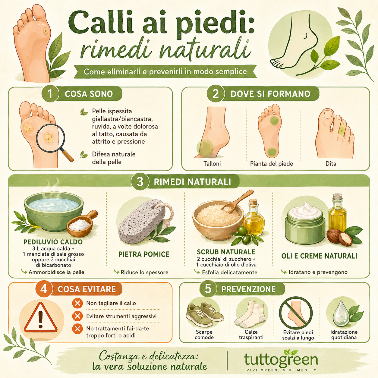 Infografica sui calli ai piedi con rimedi naturali, cause, prevenzione e cosa evitare per avere piedi lisci e sani