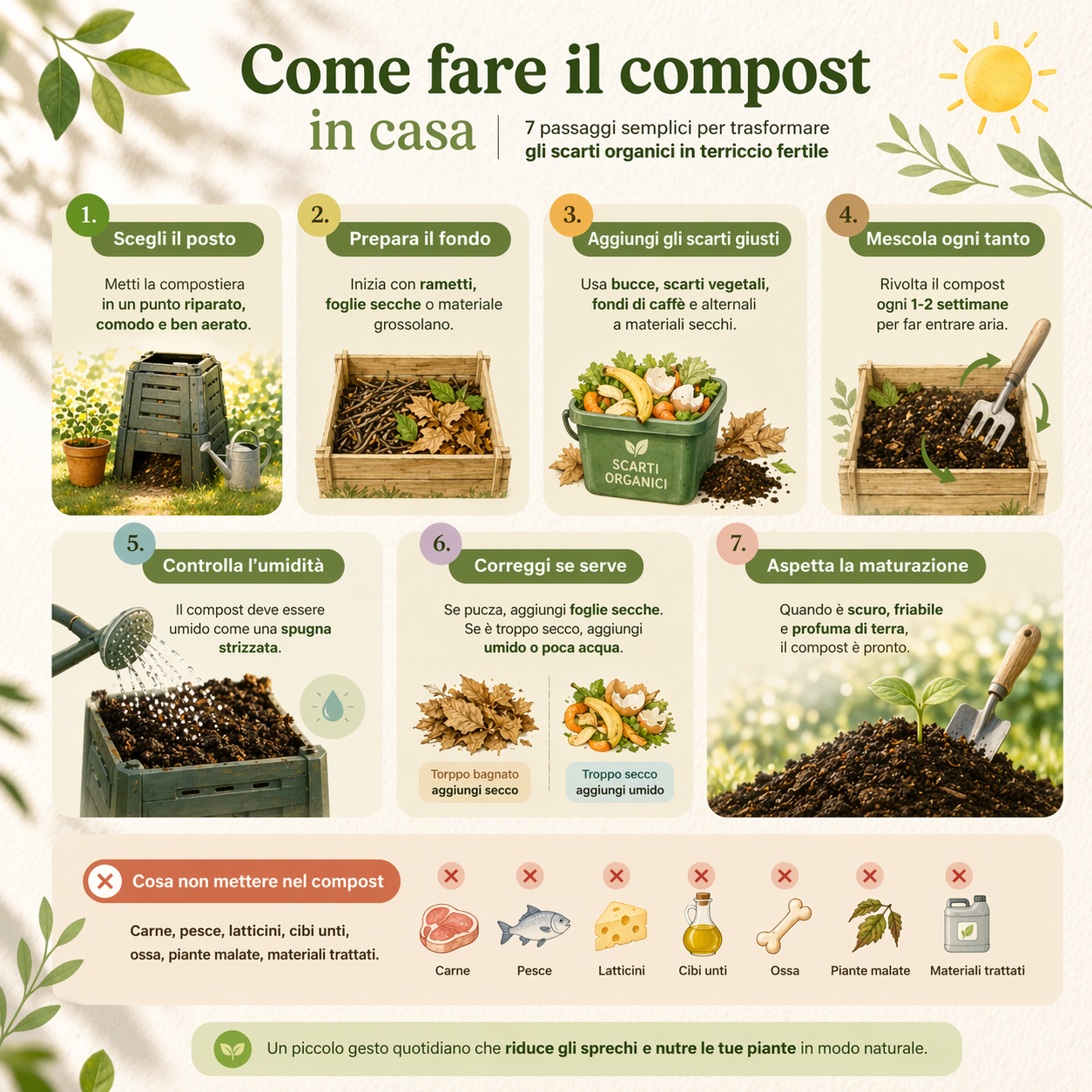 Infografica su come fare il compost in casa con i 7 passaggi principali e cosa non mettere nella compostiera