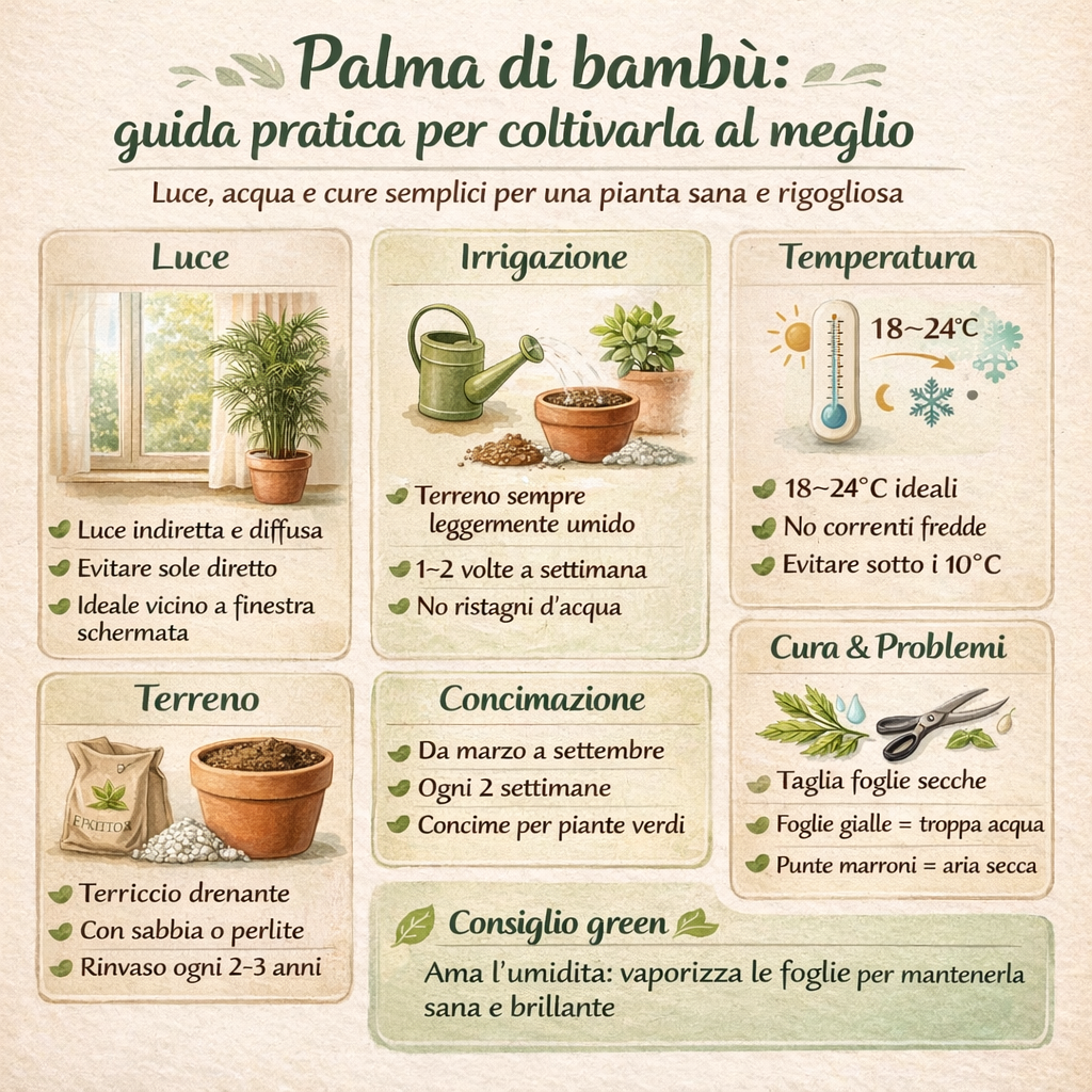 Infografica sulla cura della palma di bambù con luce, irrigazione, temperatura, terreno e concimazione