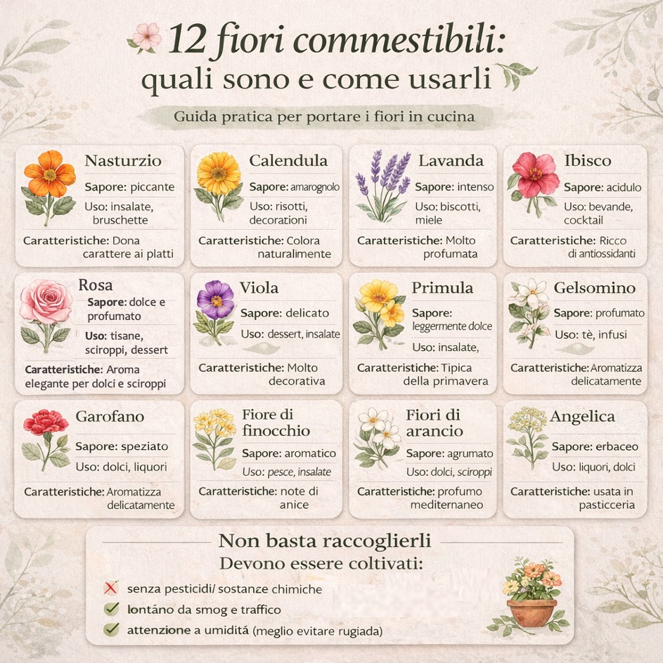 Infografica con 12 fiori commestibili, sapore, utilizzo in cucina e caratteristiche, con guida alla coltivazione sicura