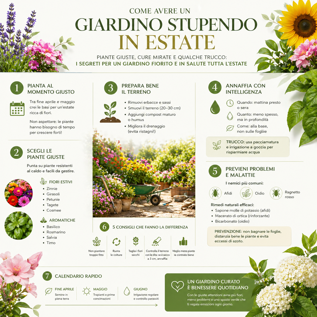 Infografica su come avere un giardino estivo stupendo con consigli su piante da scegliere, preparazione del terreno, irrigazione, prevenzione malattie e calendario di giardinaggio