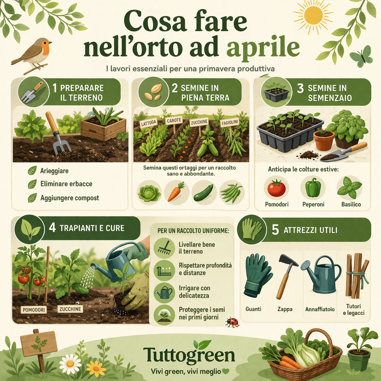 Infografica su cosa fare nell’orto ad aprile con semine, trapianti e attrezzi utili