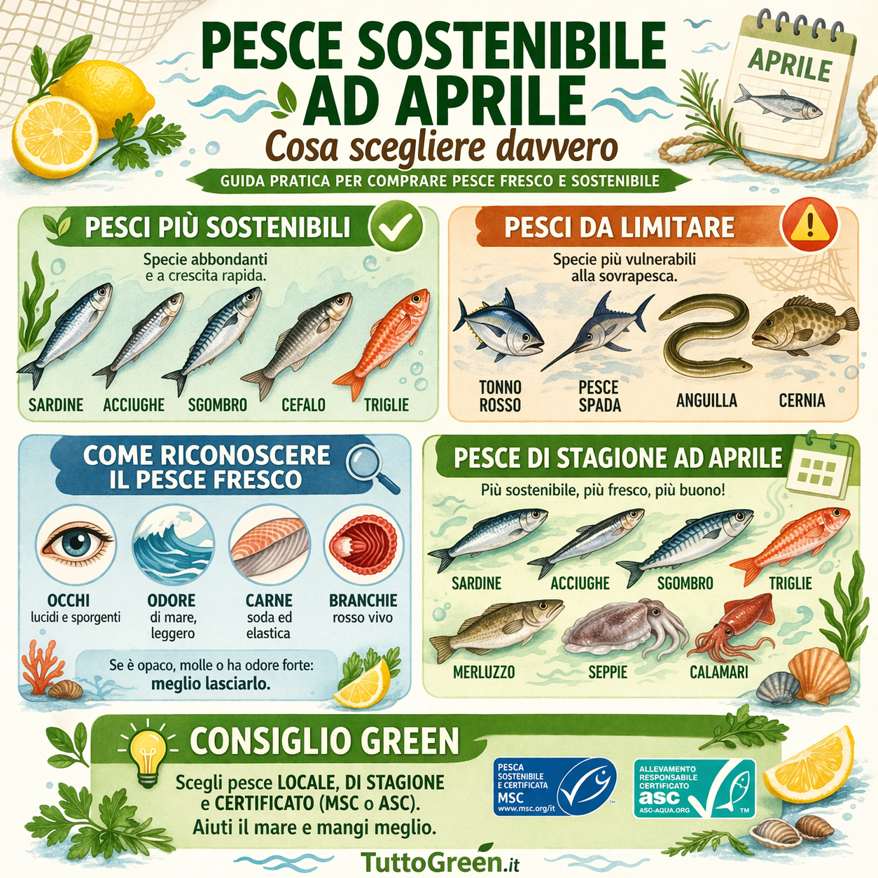 Infografica sul pesce sostenibile ad aprile con specie consigliate, pesci da limitare e consigli per riconoscere il pesce fresco