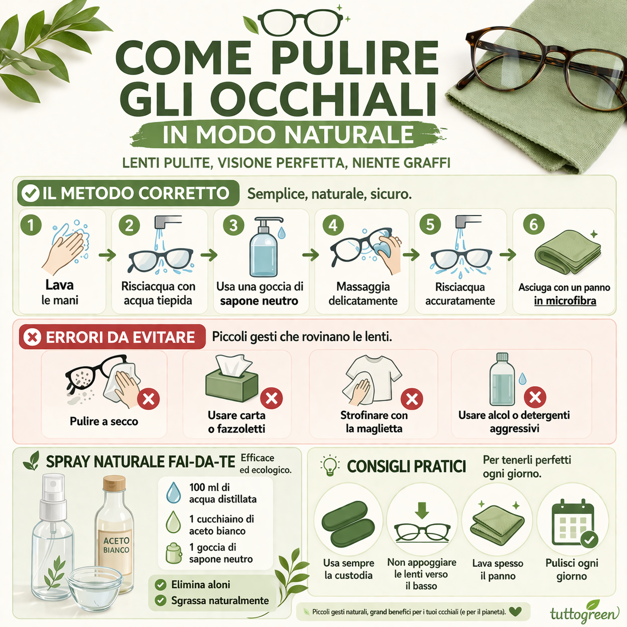 infografica su come pulire gli occhiali in modo naturale senza graffi e senza aloni