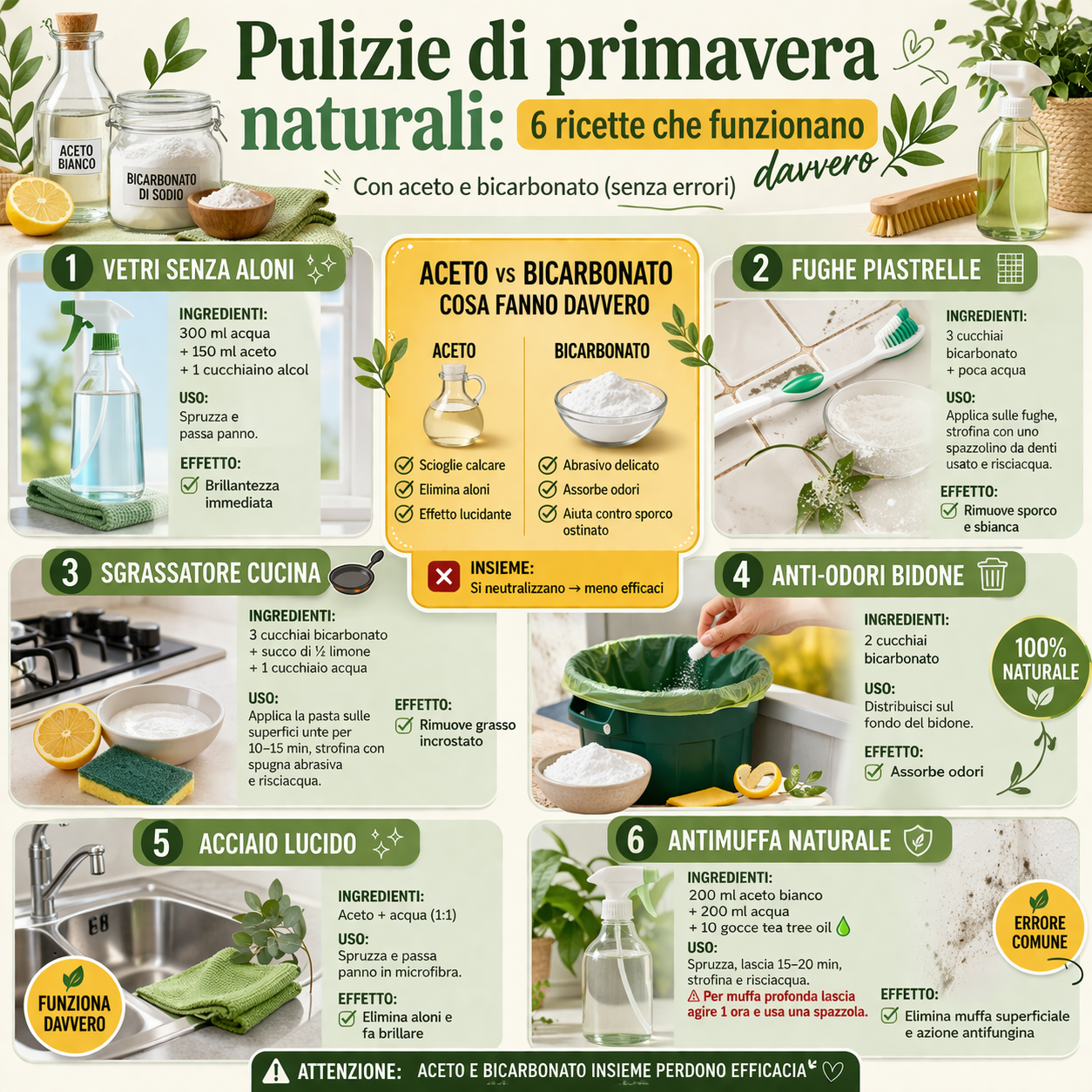 Infografica pulizie di primavera con 6 ricette naturali a base di aceto e bicarbonato con dosi, uso ed effetti