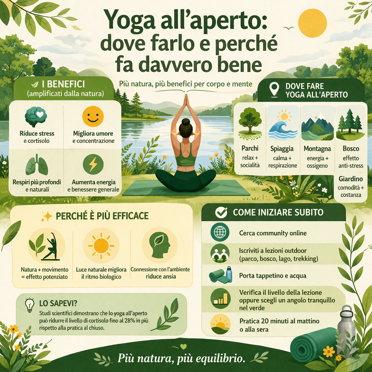 Infografica sullo yoga all’aperto con benefici, luoghi dove praticarlo e consigli pratici per iniziare nella natura
