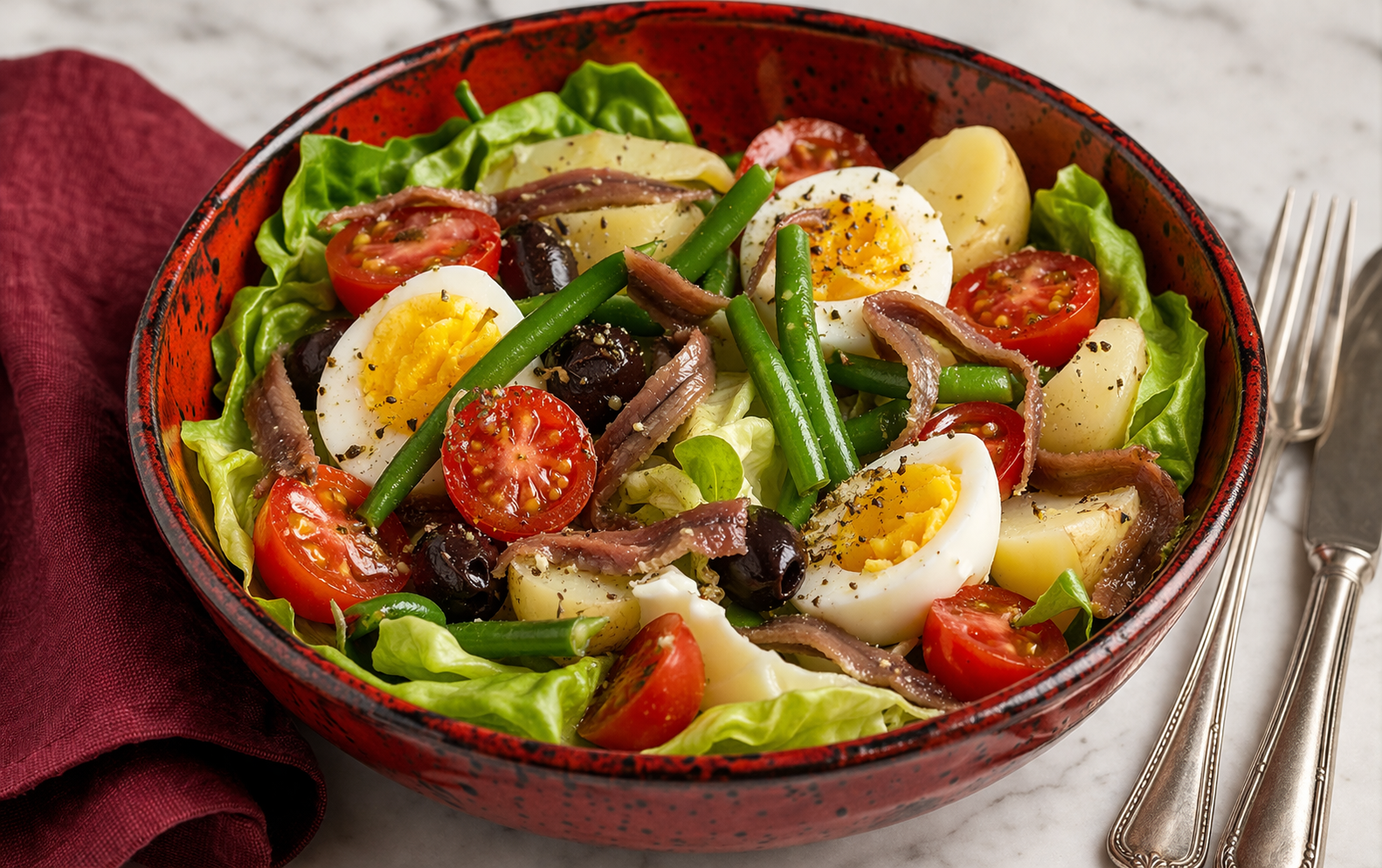 Insalata tipo nicoise con uova sode, acciughe, pomodorini, fagiolini e patate in ciotola rossa su tavolo di marmo