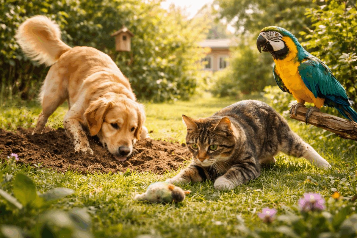 Cane che scava in giardino, gatto che caccia un gioco e pappagallo posato su un ramo in una scena luminosa e naturale