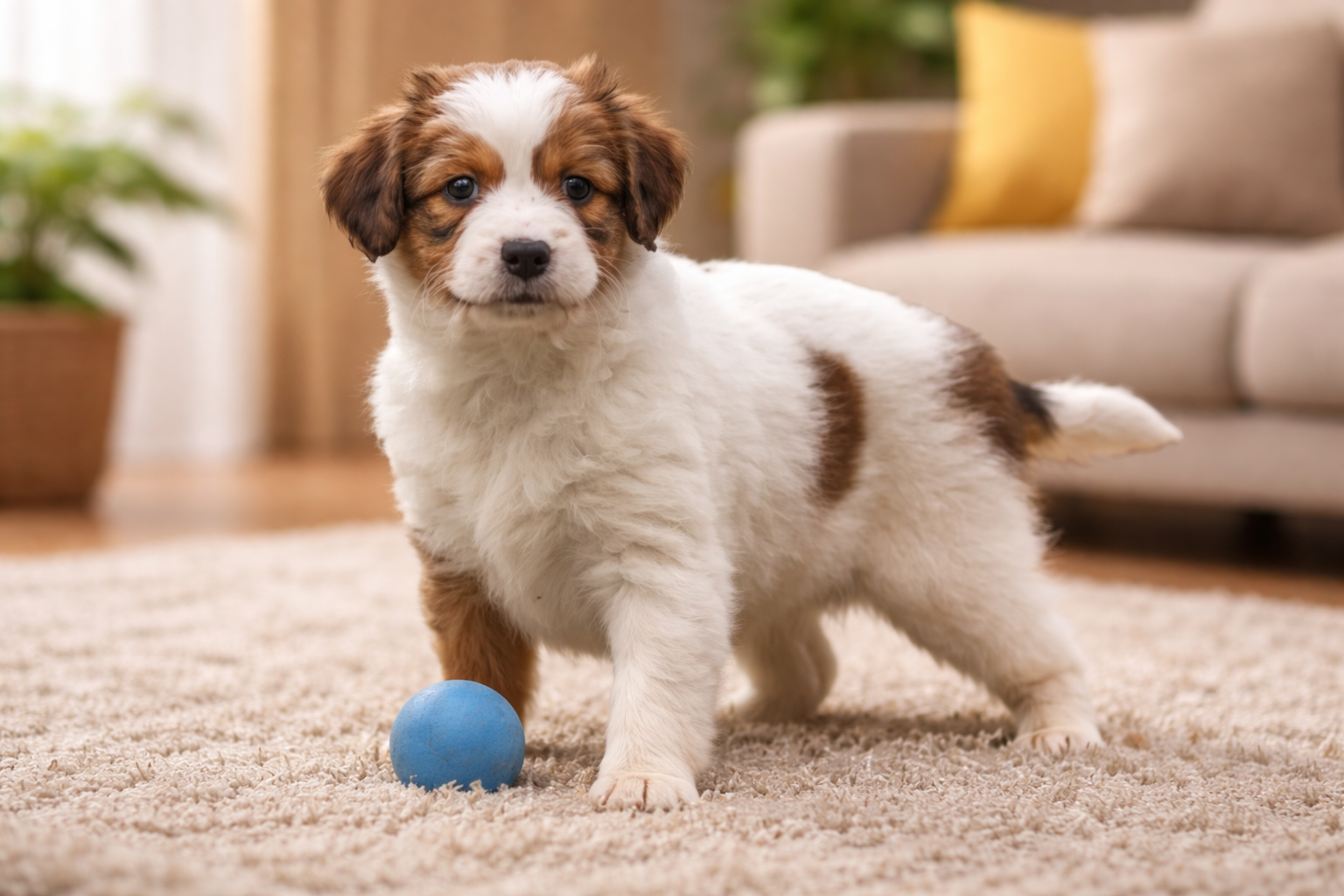 Cucciolo di Kooikerhondje olandese su tappeto in salotto con pallina blu, cane bianco e arancione