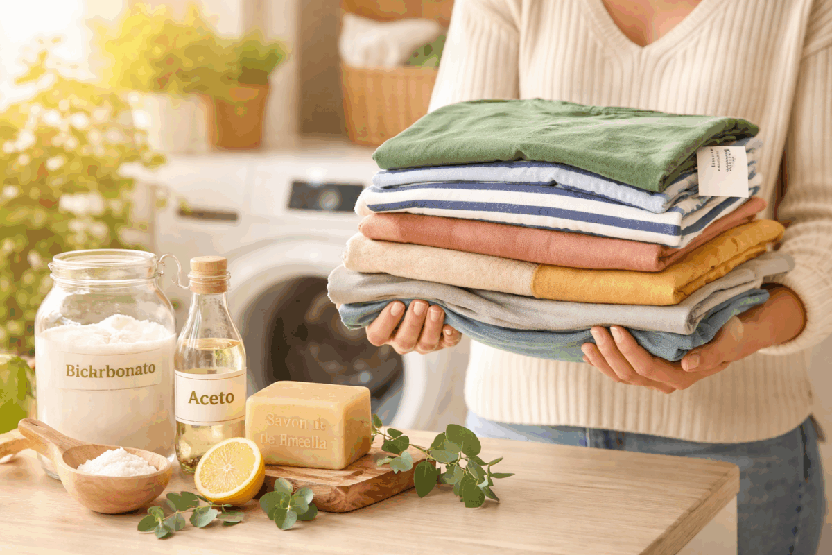 Persona che tiene in mano vestiti nuovi piegati con prodotti naturali per il bucato come bicarbonato, aceto e sapone di Marsiglia