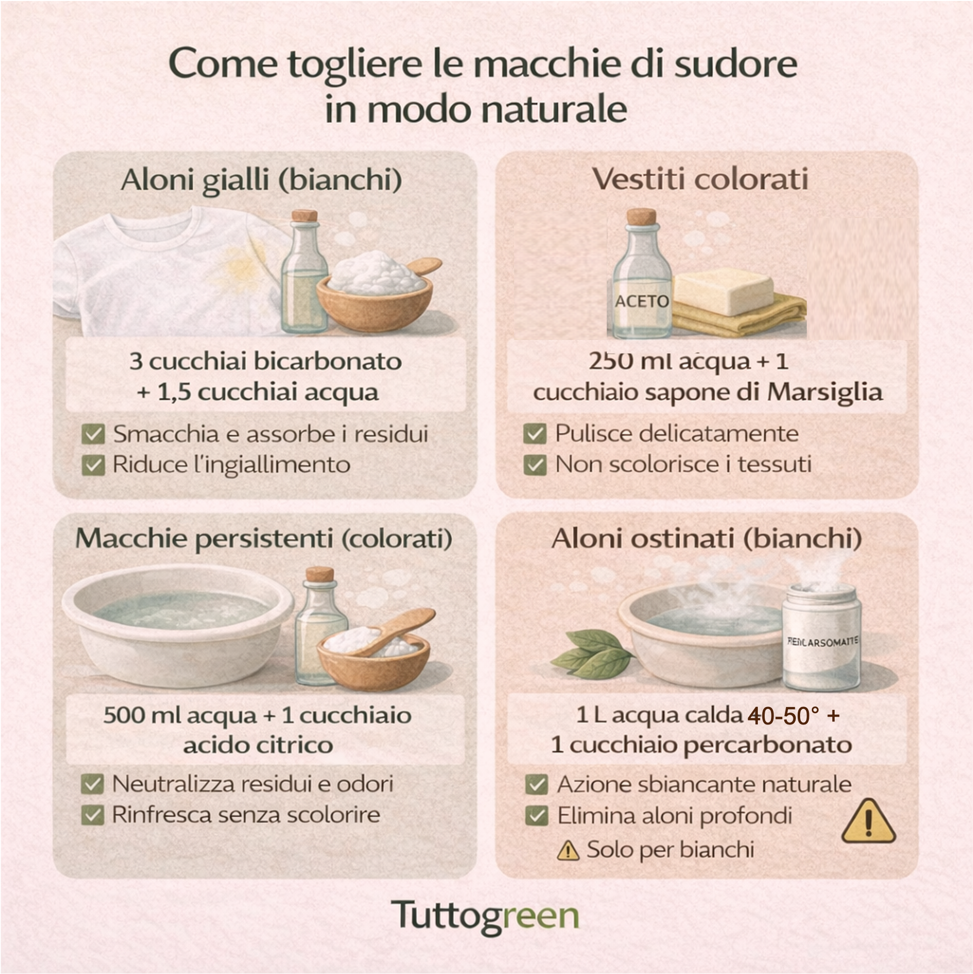 Infografica con rimedi naturali per togliere le macchie di sudore dai vestiti bianchi e colorati con bicarbonato, acido citrico e percarbonato