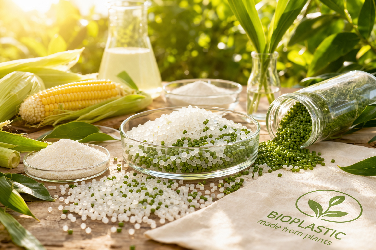 granuli di bioplastica a base vegetale con foglie e mais in luce naturale