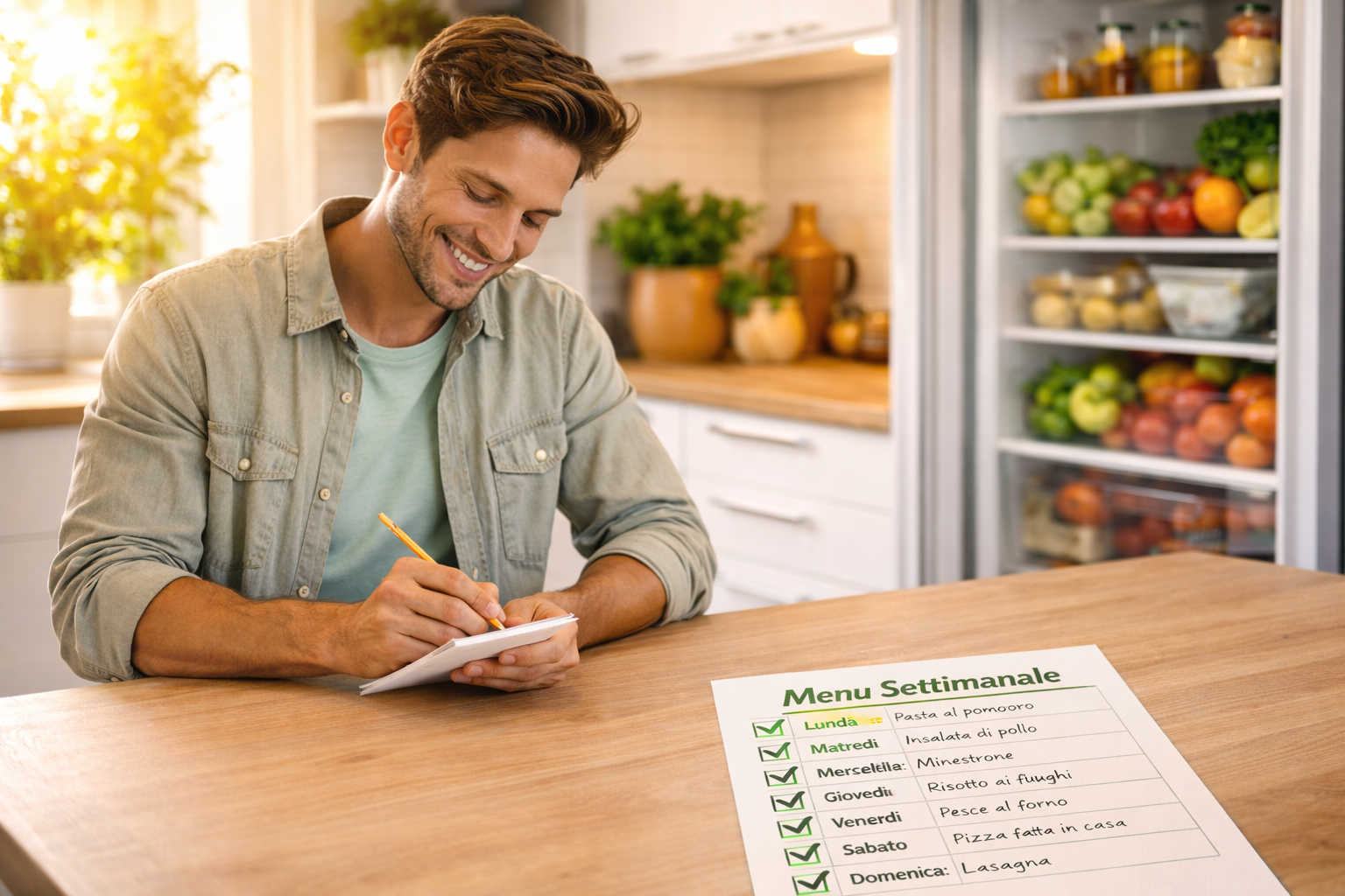 Uomo in cucina che prepara la lista della spesa controllando un menu settimanale su un tavolo vuoto con frigo aperto sullo sfondo