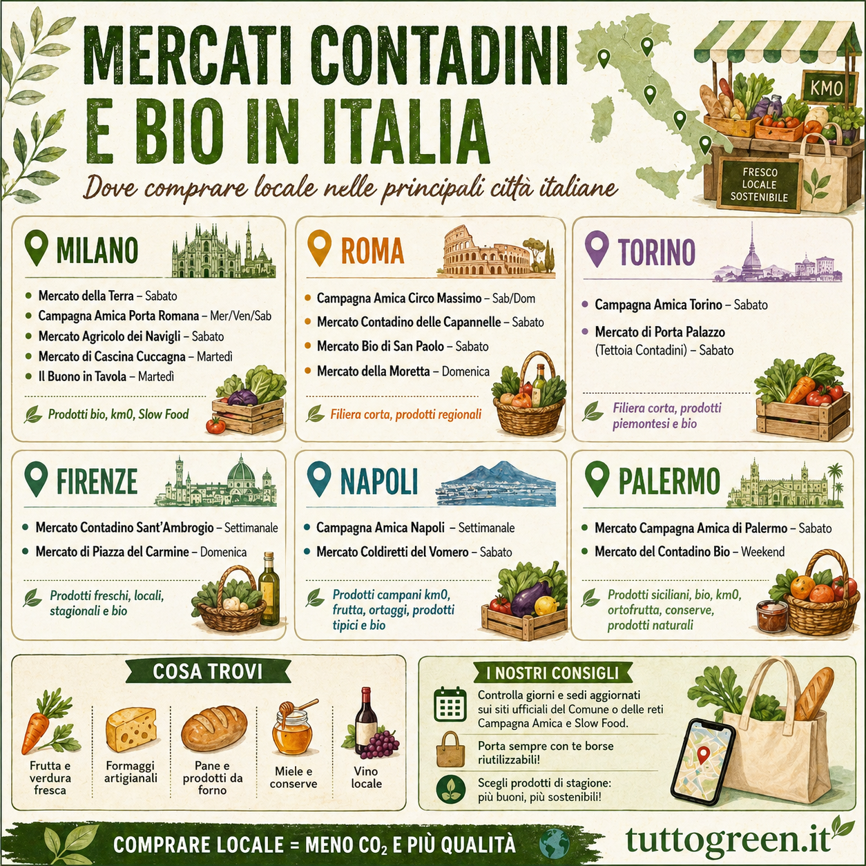 Infografica sui mercati contadini e biologici in Italia con elenco delle principali città come Milano, Roma, Torino, Firenze, Napoli e Palermo