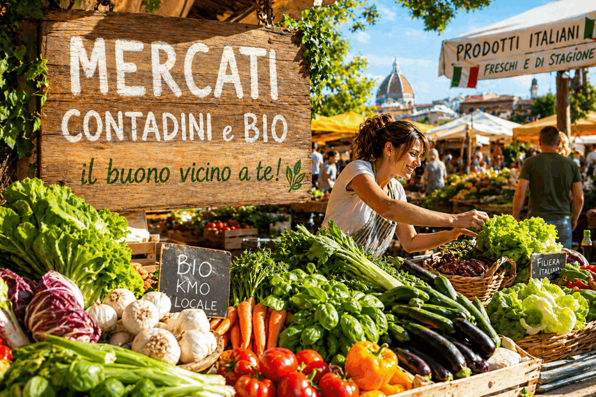 Mercato contadino in Italia con banchi di frutta e verdura fresca e venditrice in un contesto solare e naturale