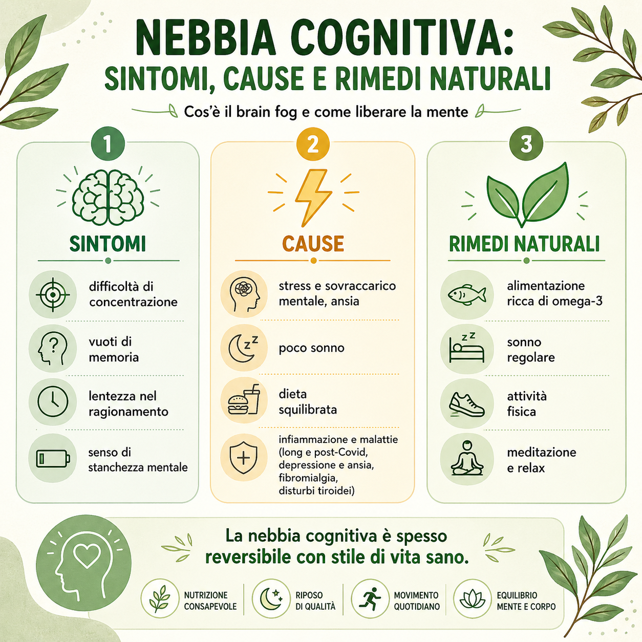 Infografica sulla nebbia cognitiva con sintomi, cause e rimedi naturali per migliorare concentrazione e memoria
