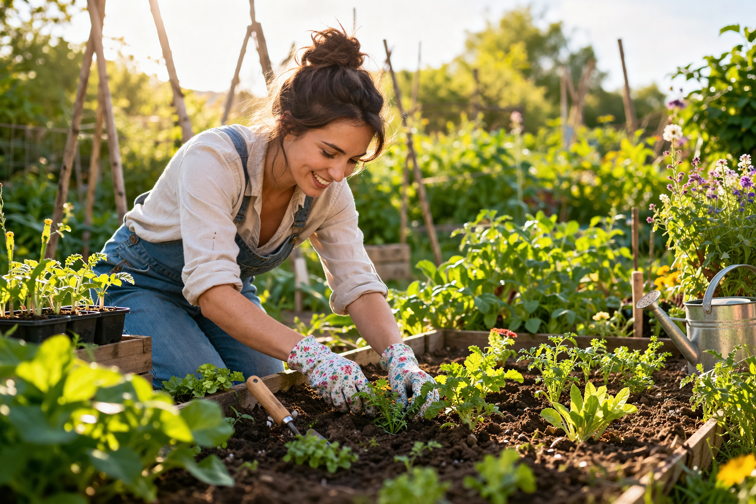 Donna che lavora nell’orto ad aprile con luce solare mentre trapianta piantine