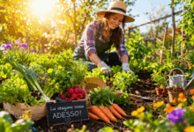 Donna che lavora nell’orto primaverile sotto il sole, circondata da verdure fresche e piante rigogliose