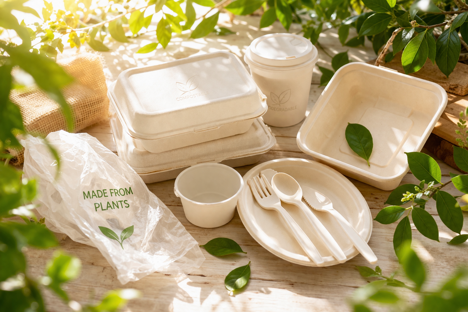 contenitori alimentari in bioplastica compostabile illuminati dal sole su sfondo naturale con foglie verdi