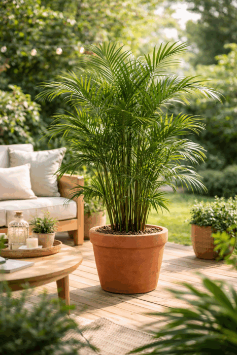 Palma di bambù in vaso di terracotta su terrazzo luminoso con luce naturale