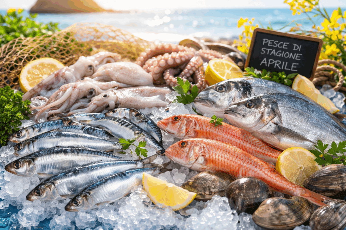 Selezione di pesce fresco di stagione ad aprile su ghiaccio con sardine, triglie, orata, calamari e limoni in un mercato sul mare
