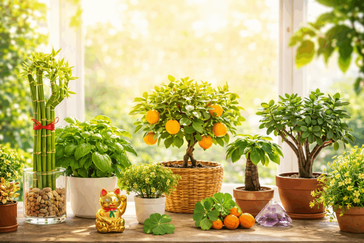 Composizione luminosa di piante porta fortuna in casa con lucky bamboo, pachira aquatica, pianta di giada e agrumi ornamentali