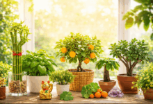 Composizione luminosa di piante porta fortuna in casa con lucky bamboo, pachira aquatica, pianta di giada e agrumi ornamentali