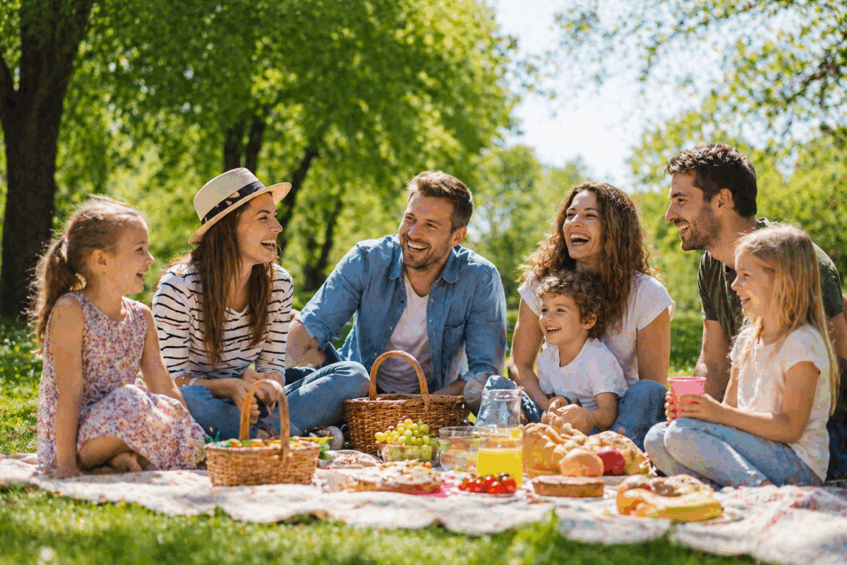 Gruppo di amici con bambini che fanno un picnic in un parco durante una giornata primaverile soleggiata