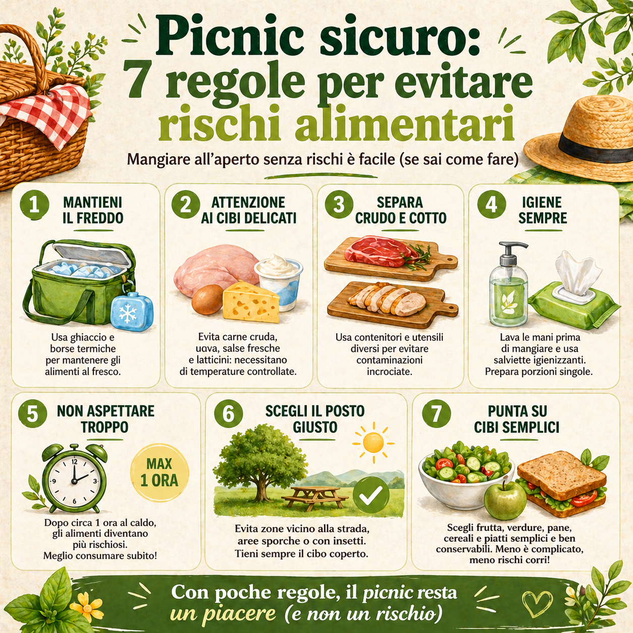 Infografica con 7 regole per la sicurezza alimentare durante un picnic, con consigli su conservazione dei cibi, igiene e prevenzione dei rischi