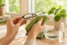 persona che pulisce occhiali con panno in microfibra in modo naturale