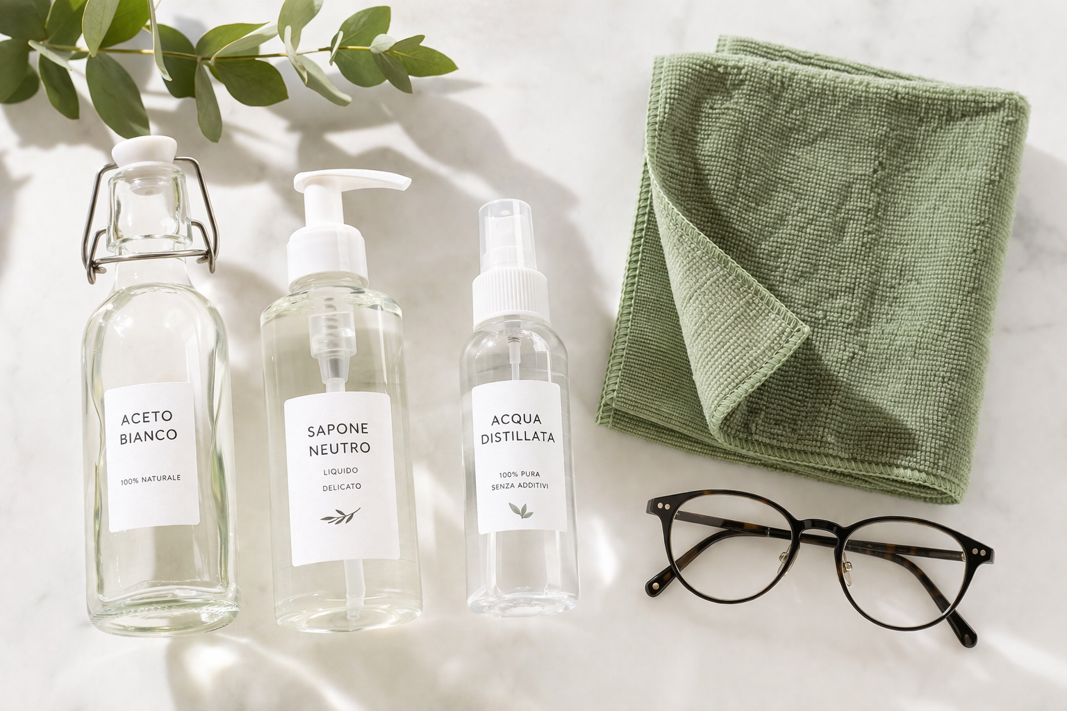 ingredienti naturali per pulire gli occhiali aceto sapone neutro acqua distillata panno microfibra