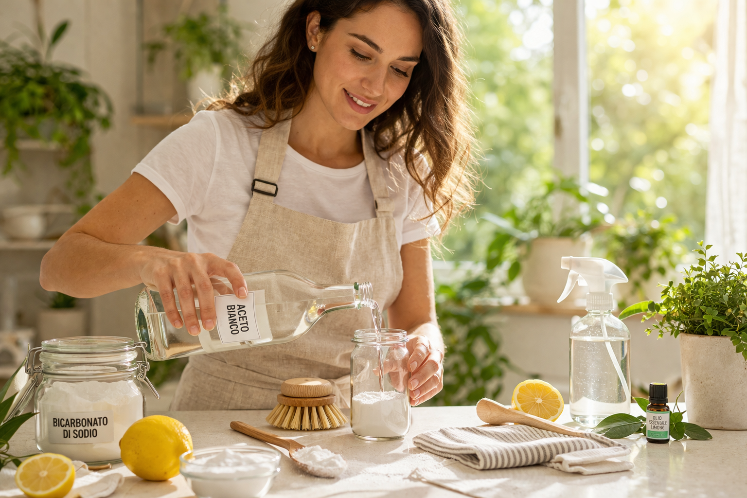 Donna che prepara detergente naturale con aceto e bicarbonato per le pulizie di primavera in cucina luminosa