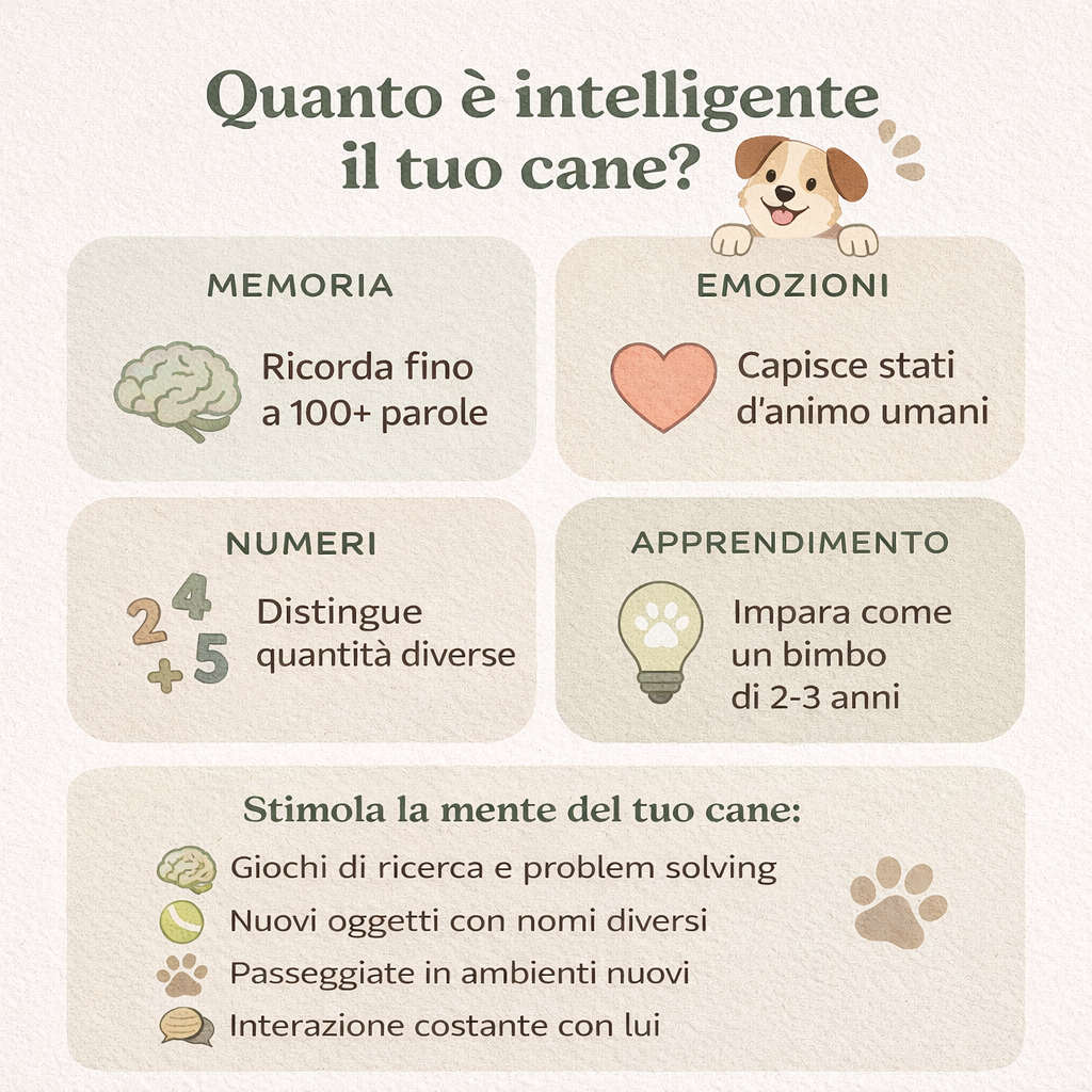 Infografica sull’intelligenza del cane con memoria emozioni numeri e consigli per stimolarlo