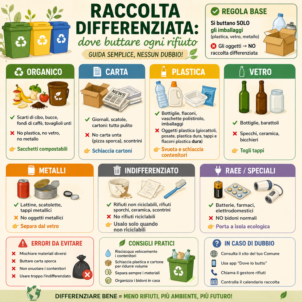 Infografica sulla raccolta differenziata con guida completa su dove buttare ogni rifiuto, errori da evitare e consigli pratici