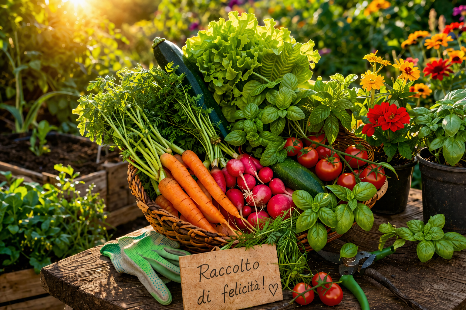Cesto di verdure fresche raccolte dall’orto primaverile con carote, lattuga, pomodori ed erbe aromatiche al sole