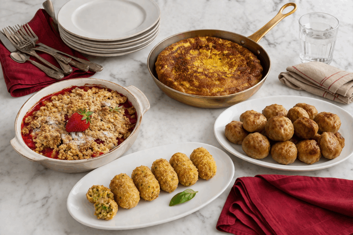 Piatti con ricette anti spreco di Pasqua su tavolo in marmo con frittata, crocchette, polpette e crumble alle fragole con tovaglioli rossi e stoviglie
