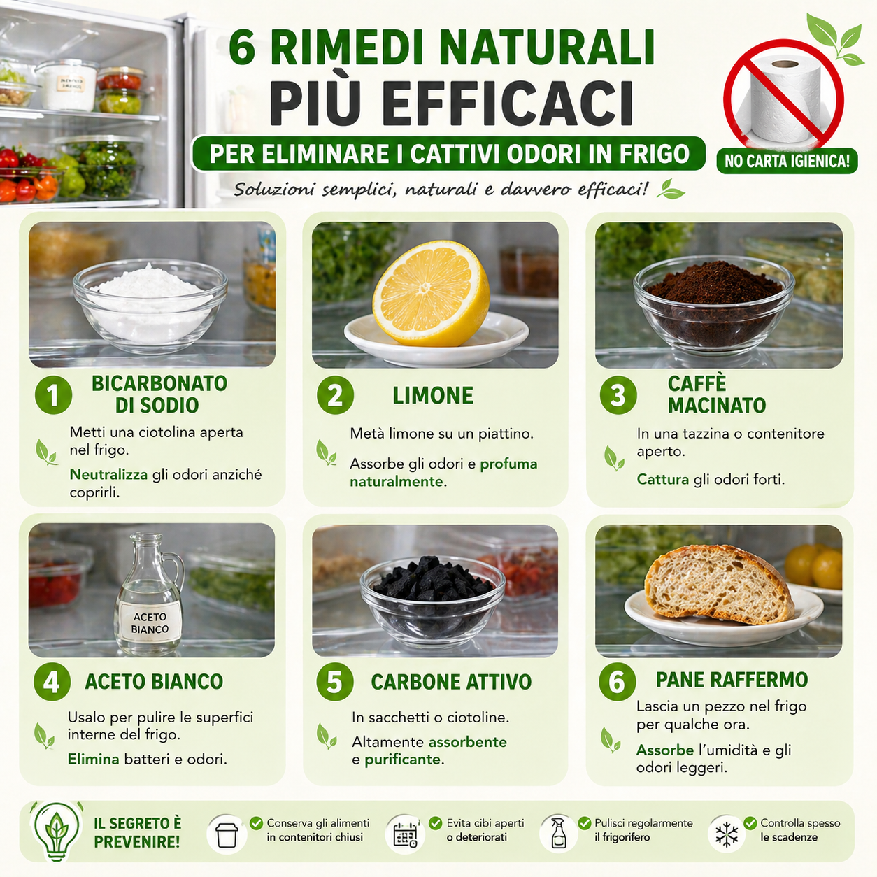 Basta cattivi odori in frigo con 6 rimedi naturali come pane raffermo o bicarbonato, o caffé macinato