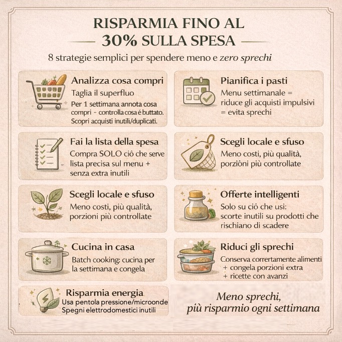 Infografica con 8 consigli per risparmiare fino al 30% sulla spesa settimanale grazie a pianificazione, lista della spesa e riduzione degli sprechi