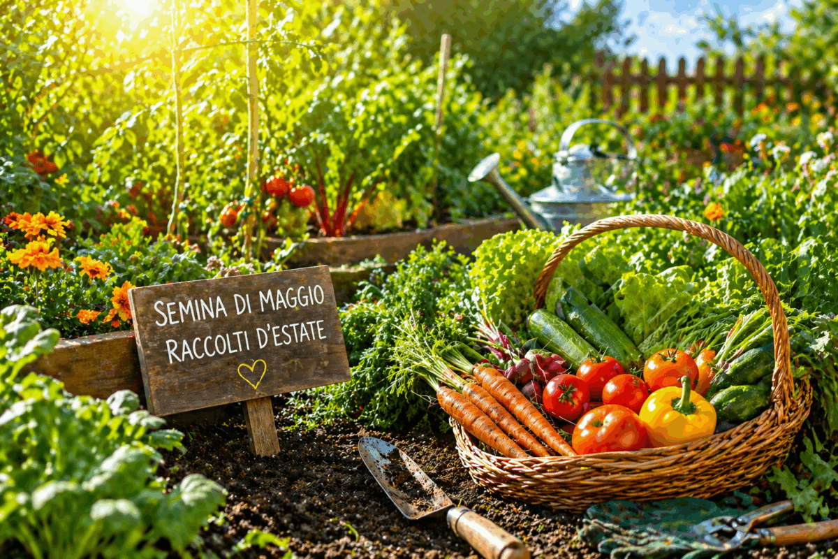Orto estivo rigoglioso con cestino di verdure fresche raccolte, pomodori, carote e zucchine, in un giardino soleggiato pronto per la semina di maggio