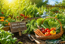 Orto estivo rigoglioso con cestino di verdure fresche raccolte, pomodori, carote e zucchine, in un giardino soleggiato pronto per la semina di maggio