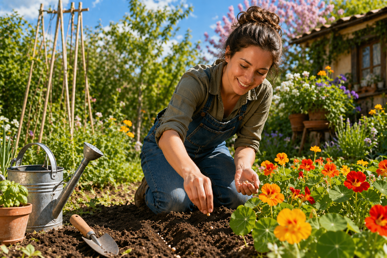 Persona che semina nasturzi in giardino a fine aprile durante una giornata di sole, con fiori colorati e orto primaverile sullo sfondo