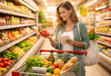 Donna al supermercato che sceglie prodotti freschi con lista della spesa mentre riempie il carrello in un ambiente luminoso e ordinato